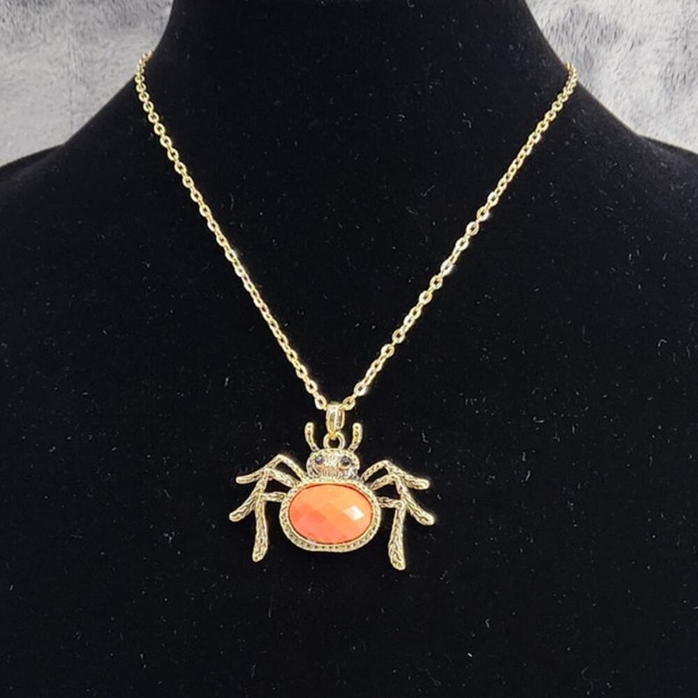 Sparkly Orange Spider Necklace Pendant Gold Tone Halloween Jewelry
